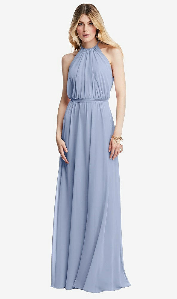 Front View - Sky Blue Illusion Back Halter Maxi Dress with Covered Button Detail