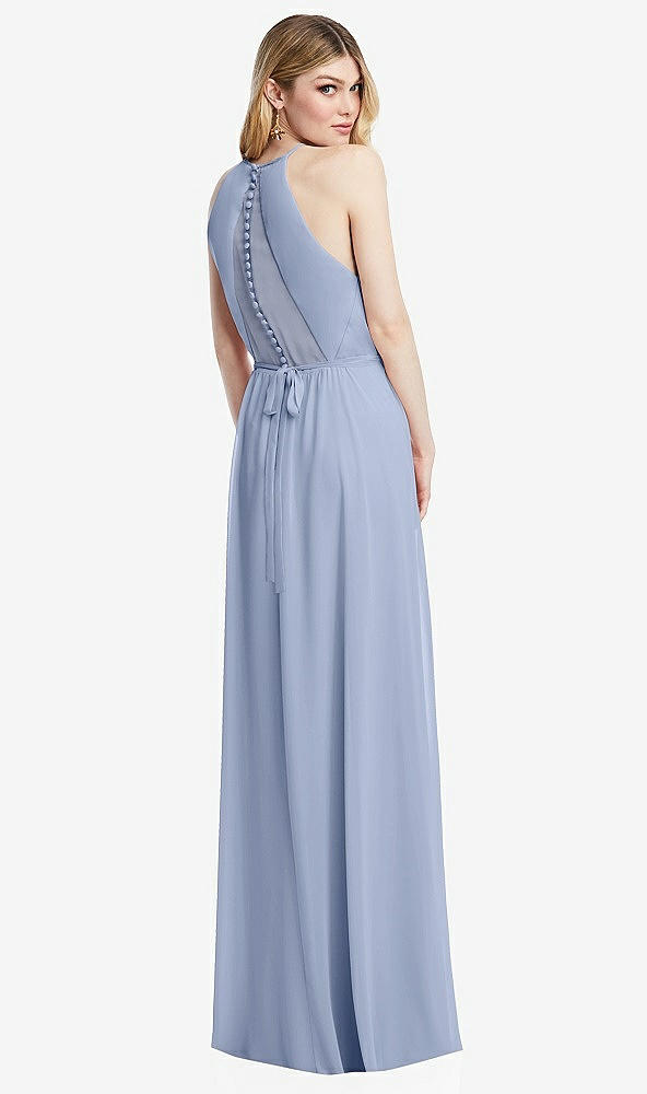 Back View - Sky Blue Illusion Back Halter Maxi Dress with Covered Button Detail