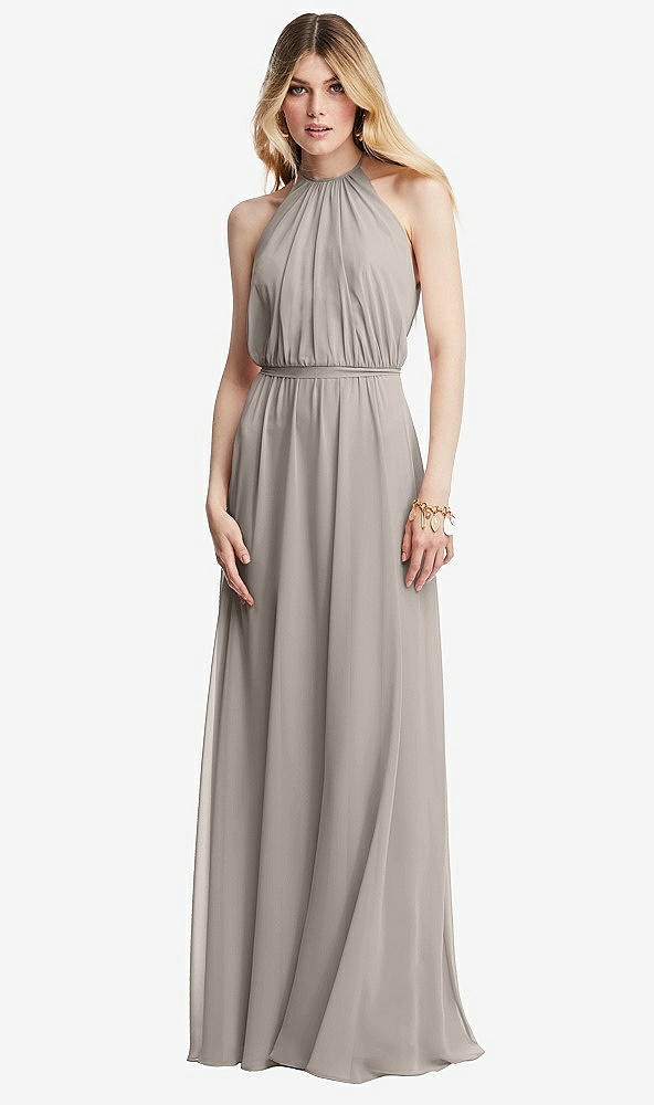 Front View - Taupe Illusion Back Halter Maxi Dress with Covered Button Detail