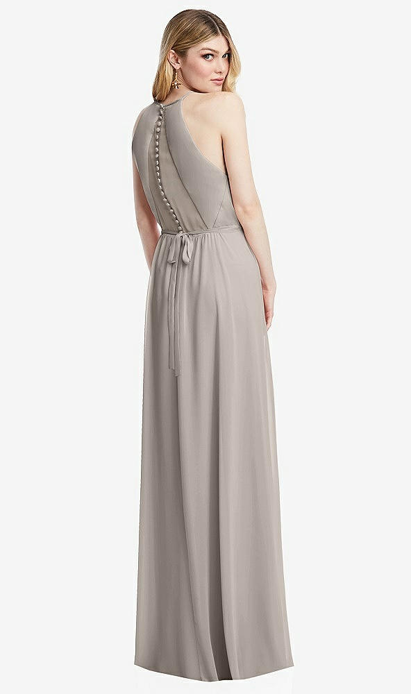 Back View - Taupe Illusion Back Halter Maxi Dress with Covered Button Detail