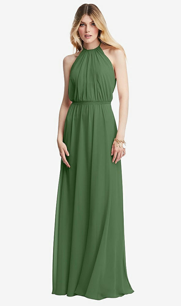 Front View - Vineyard Green Illusion Back Halter Maxi Dress with Covered Button Detail