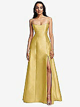 Front View Thumbnail - Maize Open Neckline Cutout Satin Twill A-Line Gown with Pockets