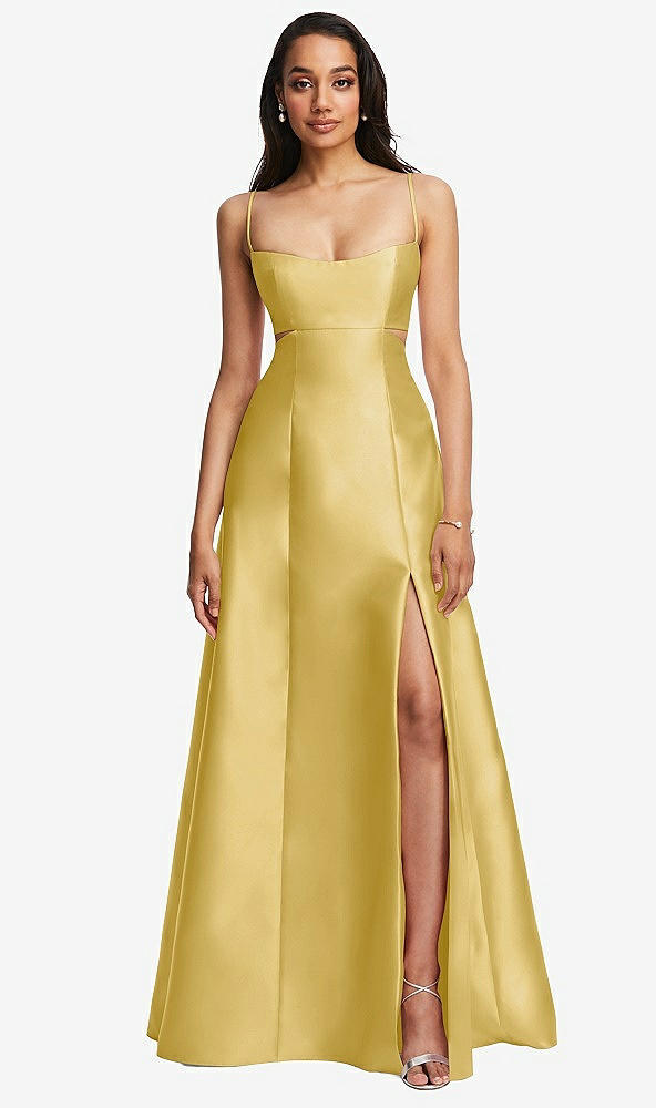 Front View - Maize Open Neckline Cutout Satin Twill A-Line Gown with Pockets