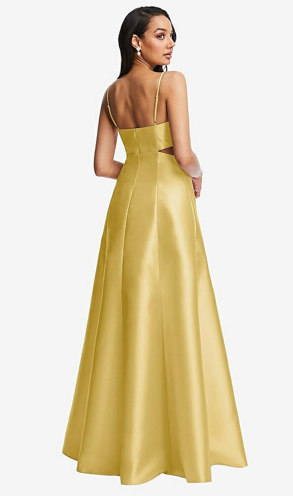 Back View - Maize Open Neckline Cutout Satin Twill A-Line Gown with Pockets