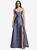 Front View Thumbnail - French Blue Open Neckline Cutout Satin Twill A-Line Gown with Pockets