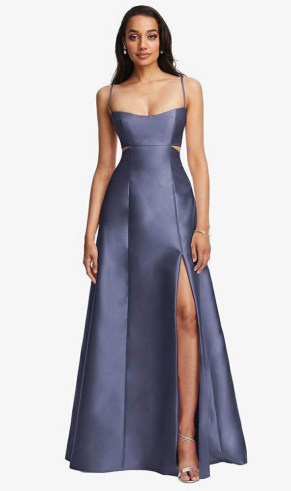 Front View - French Blue Open Neckline Cutout Satin Twill A-Line Gown with Pockets