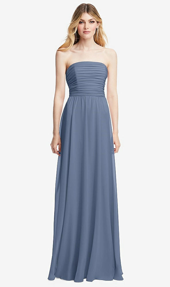 Front View - Larkspur Blue Shirred Bodice Strapless Chiffon Maxi Dress with Optional Straps