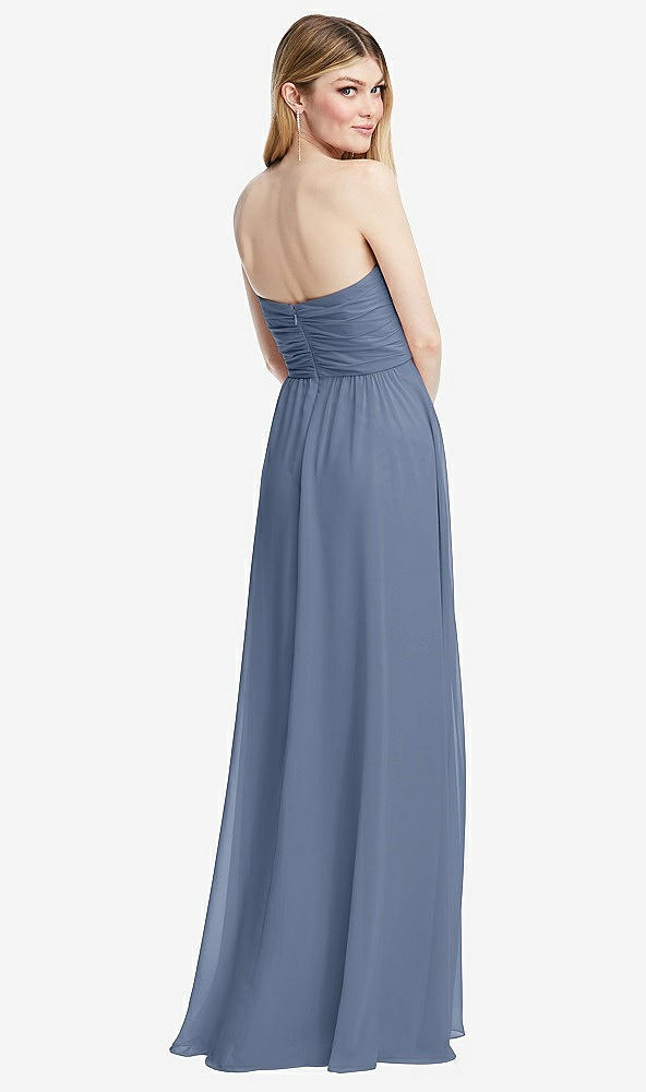 Back View - Larkspur Blue Shirred Bodice Strapless Chiffon Maxi Dress with Optional Straps