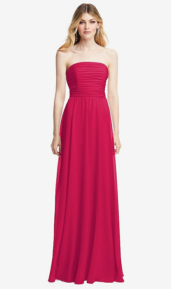Front View - Vivid Pink Shirred Bodice Strapless Chiffon Maxi Dress with Optional Straps