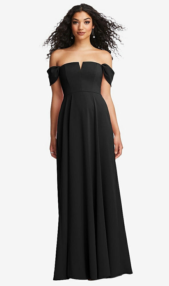 Front View - Black Off-the-Shoulder Pleated Cap Sleeve A-line Maxi Dress
