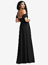 Rear View Thumbnail - Black Off-the-Shoulder Pleated Cap Sleeve A-line Maxi Dress