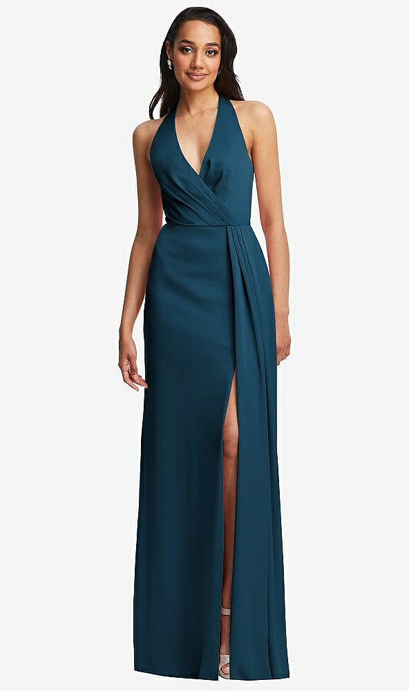 Front View - Atlantic Blue Pleated V-Neck Closed Back Trumpet Gown with Draped Front Slit