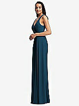 Side View Thumbnail - Atlantic Blue Pleated V-Neck Closed Back Trumpet Gown with Draped Front Slit