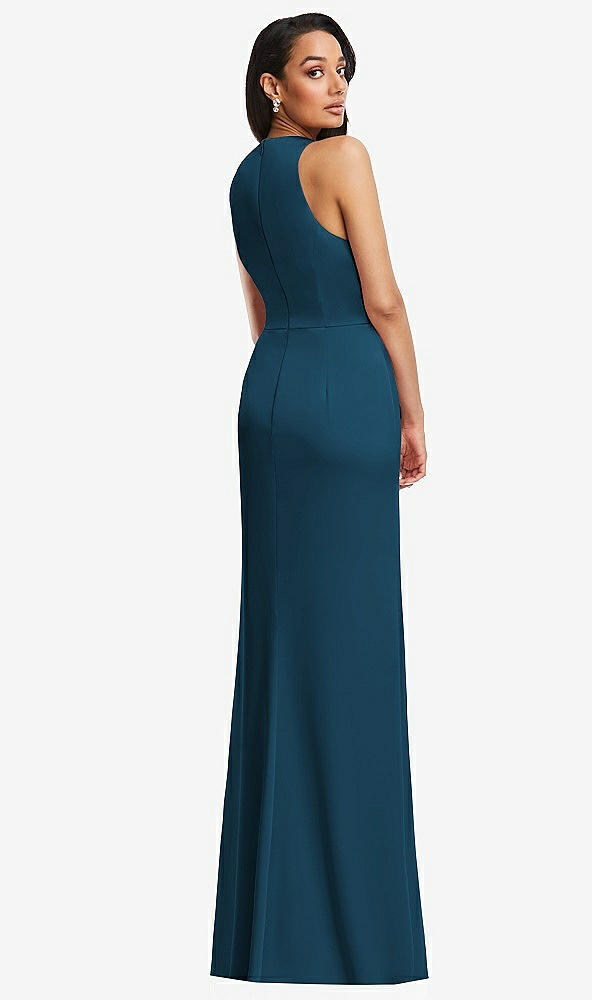 Back View - Atlantic Blue Pleated V-Neck Closed Back Trumpet Gown with Draped Front Slit