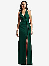 Front View Thumbnail - Hunter Green Pleated V-Neck Closed Back Trumpet Gown with Draped Front Slit