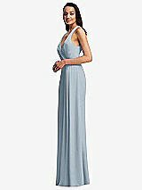 Side View Thumbnail - Mist Pleated V-Neck Closed Back Trumpet Gown with Draped Front Slit