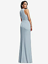 Rear View Thumbnail - Mist Pleated V-Neck Closed Back Trumpet Gown with Draped Front Slit