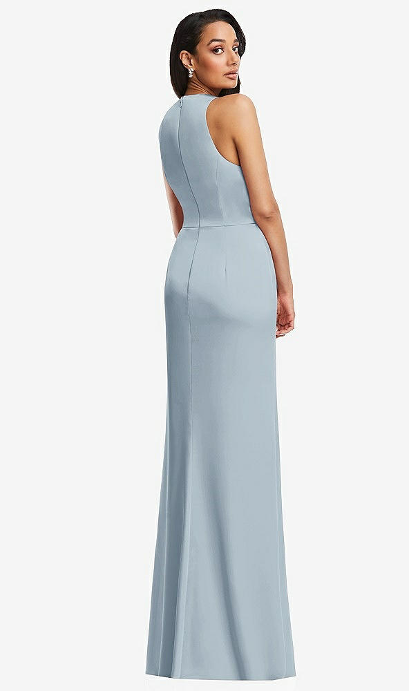 Back View - Mist Pleated V-Neck Closed Back Trumpet Gown with Draped Front Slit