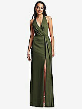 Front View Thumbnail - Olive Green Pleated V-Neck Closed Back Trumpet Gown with Draped Front Slit