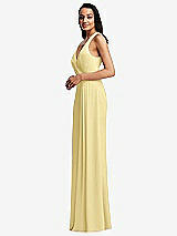 Side View Thumbnail - Pale Yellow Pleated V-Neck Closed Back Trumpet Gown with Draped Front Slit