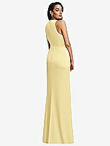 Rear View Thumbnail - Pale Yellow Pleated V-Neck Closed Back Trumpet Gown with Draped Front Slit