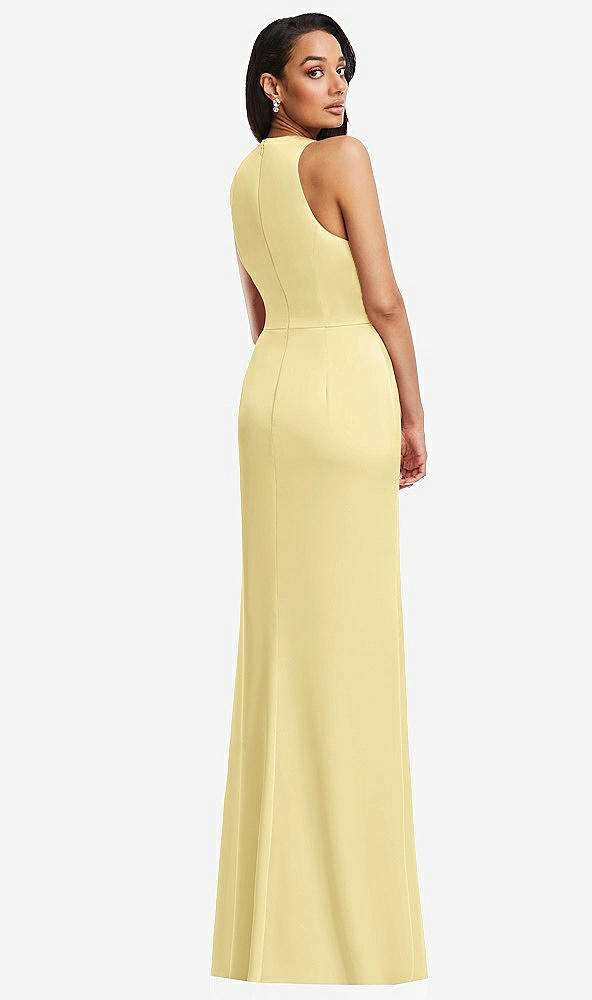 Back View - Pale Yellow Pleated V-Neck Closed Back Trumpet Gown with Draped Front Slit