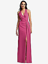 Front View Thumbnail - Tea Rose Pleated V-Neck Closed Back Trumpet Gown with Draped Front Slit
