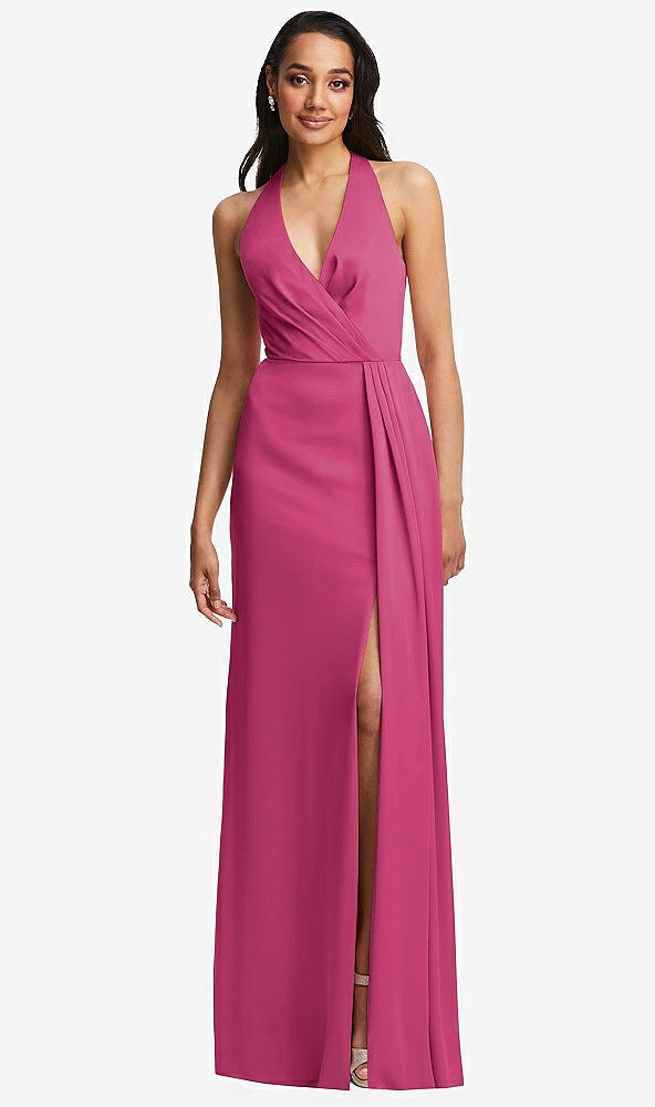 Front View - Tea Rose Pleated V-Neck Closed Back Trumpet Gown with Draped Front Slit