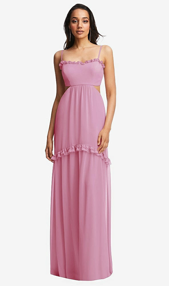 Front View - Powder Pink Ruffle-Trimmed Cutout Tie-Back Maxi Dress with Tiered Skirt