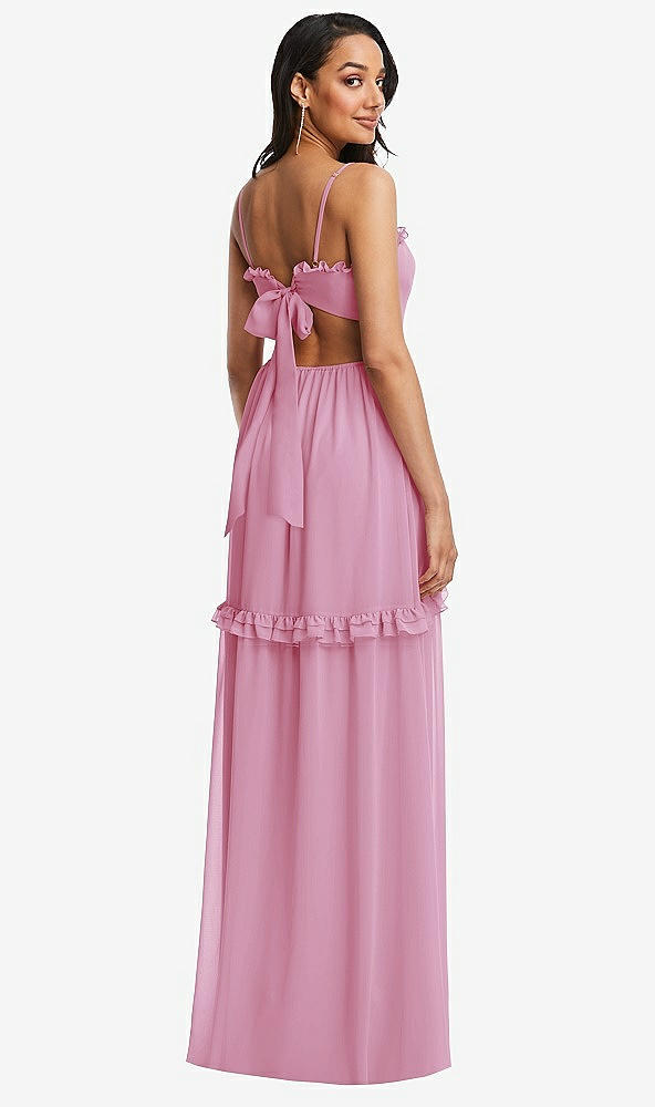 Back View - Powder Pink Ruffle-Trimmed Cutout Tie-Back Maxi Dress with Tiered Skirt
