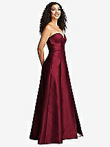Side View Thumbnail - Burgundy Strapless Bustier A-Line Satin Gown with Front Slit