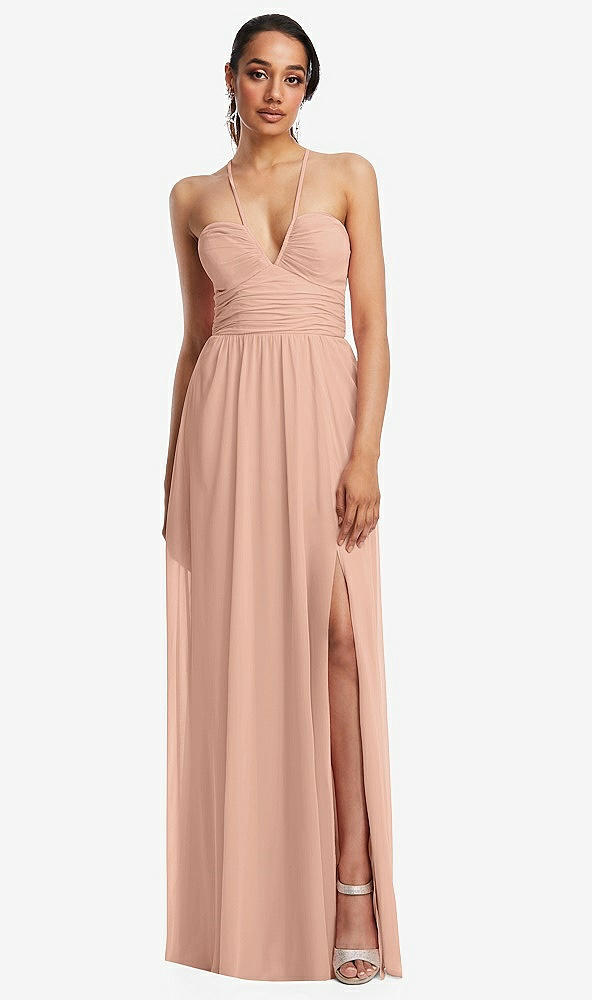 Front View - Pale Peach Plunging V-Neck Criss Cross Strap Back Maxi Dress