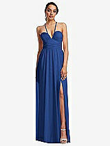 Front View Thumbnail - Classic Blue Plunging V-Neck Criss Cross Strap Back Maxi Dress