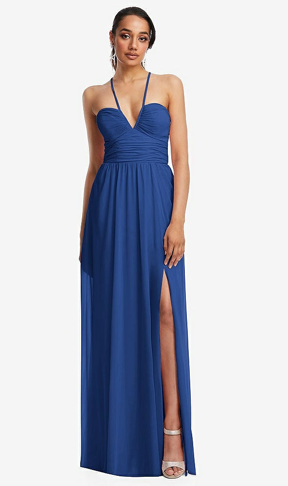 Front View - Classic Blue Plunging V-Neck Criss Cross Strap Back Maxi Dress