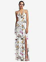 Front View Thumbnail - Butterfly Botanica Ivory Plunging V-Neck Criss Cross Strap Back Maxi Dress
