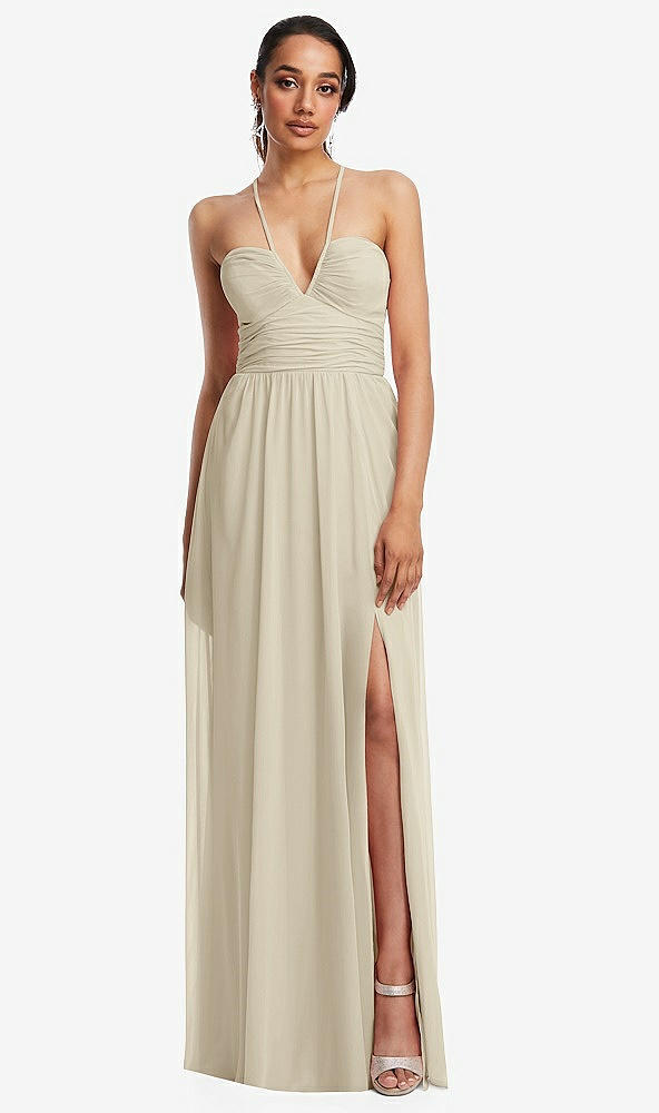 Front View - Champagne Plunging V-Neck Criss Cross Strap Back Maxi Dress
