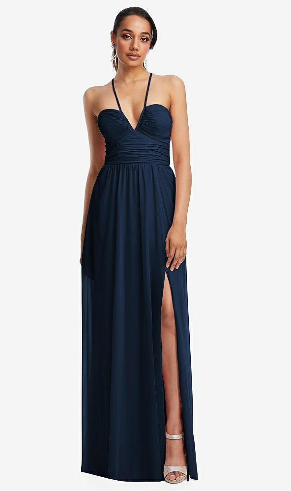 Front View - Midnight Navy Plunging V-Neck Criss Cross Strap Back Maxi Dress