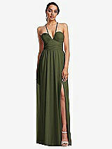 Front View Thumbnail - Olive Green Plunging V-Neck Criss Cross Strap Back Maxi Dress