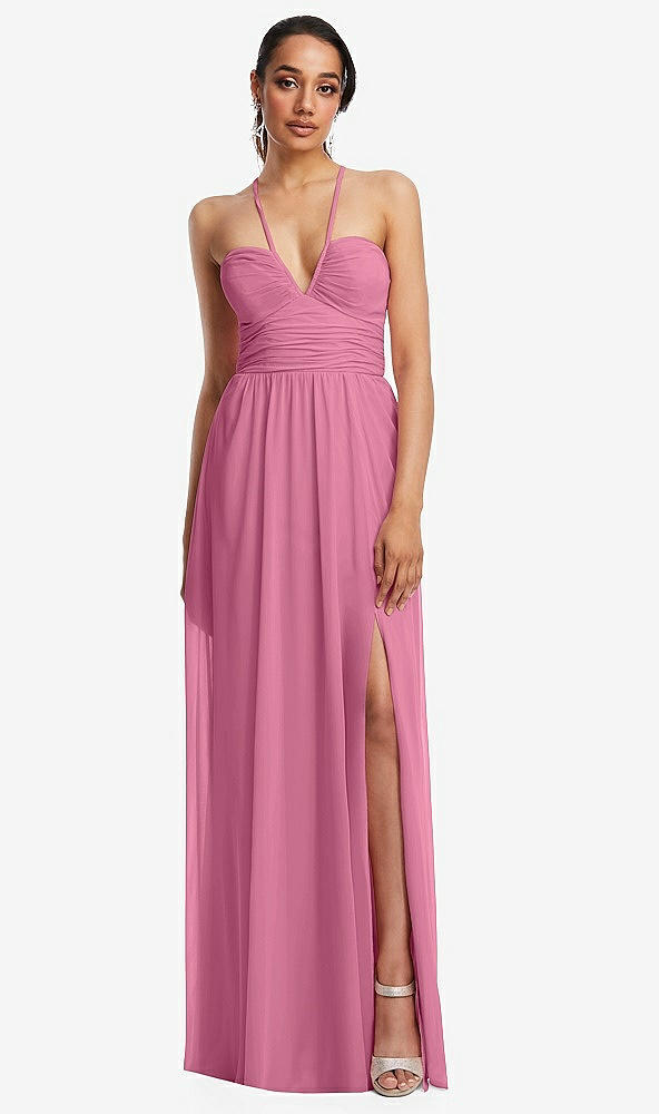 Front View - Orchid Pink Plunging V-Neck Criss Cross Strap Back Maxi Dress