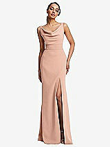Front View Thumbnail - Pale Peach Cowl-Neck Wide Strap Crepe Trumpet Gown with Front Slit