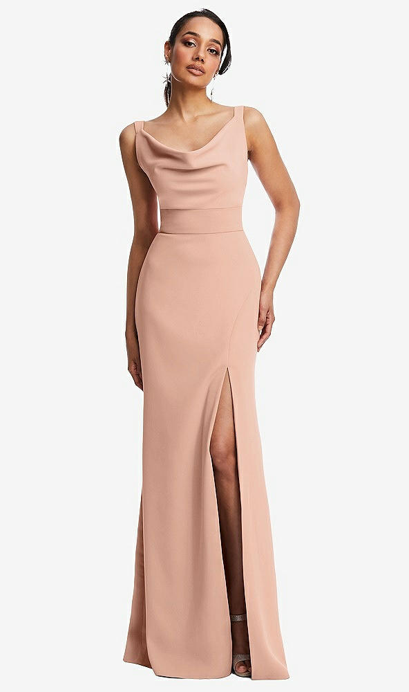 Front View - Pale Peach Cowl-Neck Wide Strap Crepe Trumpet Gown with Front Slit