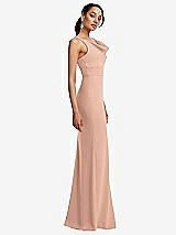 Side View Thumbnail - Pale Peach Cowl-Neck Wide Strap Crepe Trumpet Gown with Front Slit