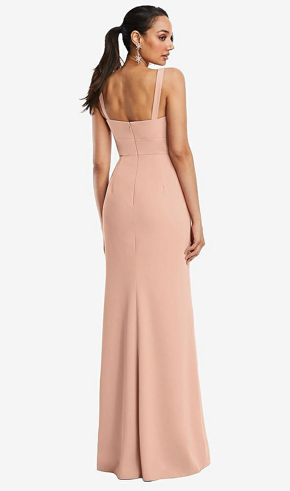 Back View - Pale Peach Cowl-Neck Wide Strap Crepe Trumpet Gown with Front Slit