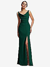 Front View Thumbnail - Hunter Green Cowl-Neck Wide Strap Crepe Trumpet Gown with Front Slit