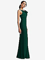 Side View Thumbnail - Hunter Green Cowl-Neck Wide Strap Crepe Trumpet Gown with Front Slit
