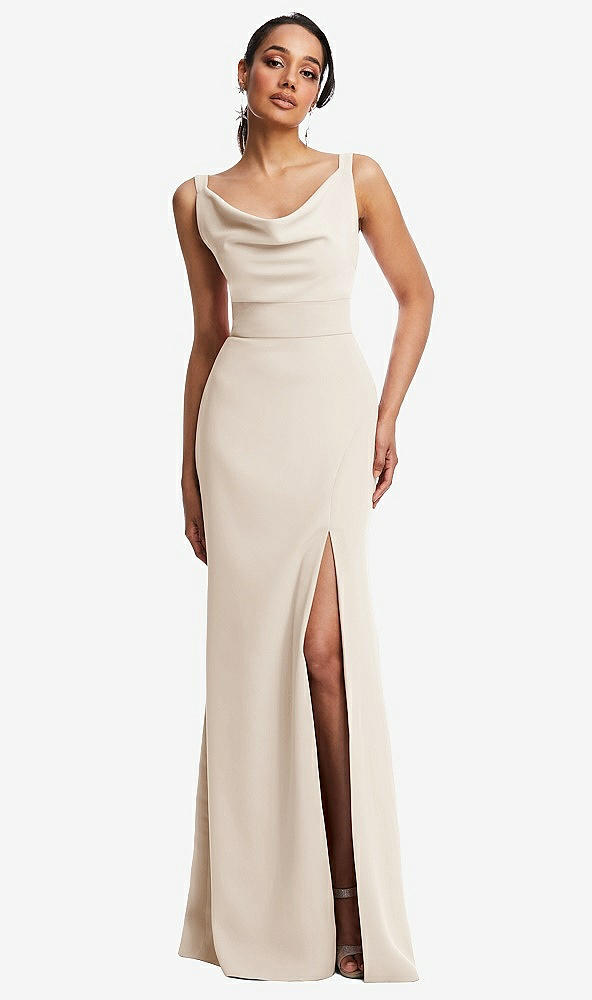 Front View - Oat Cowl-Neck Wide Strap Crepe Trumpet Gown with Front Slit