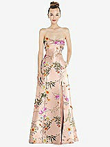Front View Thumbnail - Butterfly Botanica Pink Sand Bow Cuff Strapless Floral Satin Ball Gown with Pockets