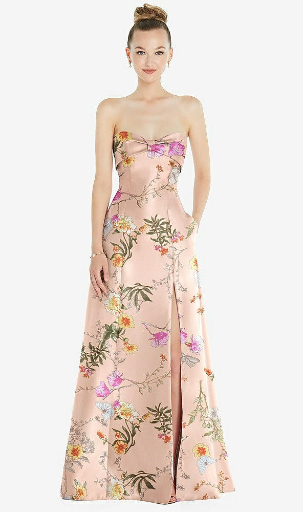 Front View - Butterfly Botanica Pink Sand Bow Cuff Strapless Floral Satin Ball Gown with Pockets