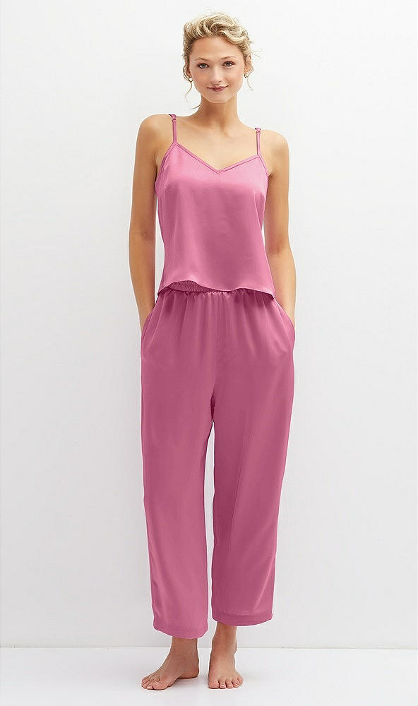 Front View - Orchid Pink Whisper Satin Wide-Leg Lounge Pants with Pockets