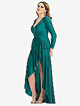 Side View Thumbnail - Peacock Teal Long Sleeve Pleated Wrap Ruffled High Low Stretch Satin Gown